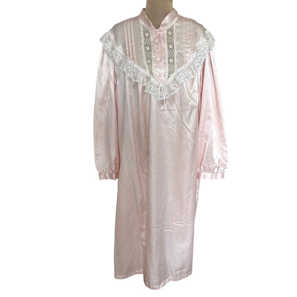 Vintage Anna Pink Satin Lace Embroidered Night Gown Victorian Cottage Regency